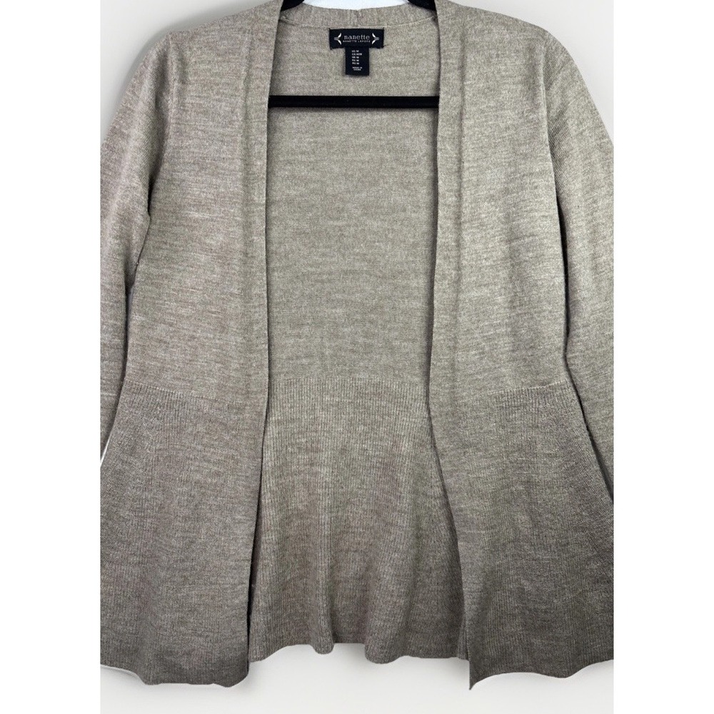 Nanette‎ Lepore Cardigan Women M Taupe Merino Wool Peplum Open Front - Picture 9 of 10